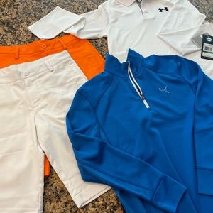 Boy’s 4 item golf bundle, size M/L, Puma & Under Armor shorts, 1/4 zip, LS polo
